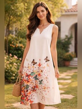 Sleeveless Cream Maxi Dress with Butterfly Floral Hem